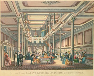 1857年にLNローゼンタールから出版されたフィラデフィアのLevys Dry Goods Storeの広告ポスター 作： American School