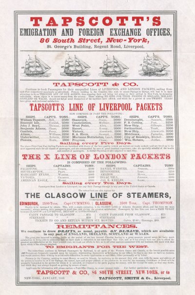 ポスター広告Tapscotts Emigration and Foreign Exchange Offices、ニューヨーク、1859年1月 作： American School