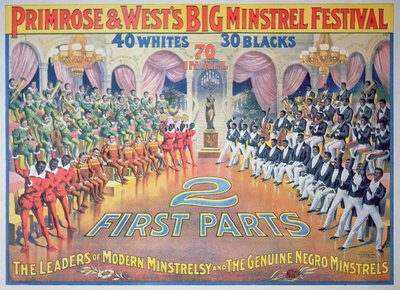1880年頃の「プリムローズ＆ウエストのビッグ・ミンストレル・フェスティバル」のポスター（カラーリトグラフ版 作： American School