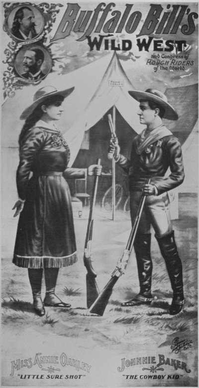 バッファロー・ビル（1846-1917）のワイルド・ウェスト・ショーのポスター、アニー・オークリー（1860-1926）とジョニー・ベイカー「ザ・カウボーイ・キッド」が出演 作： American School
