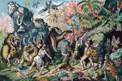 獰猛な動物と戦う先史時代の人間 作： American School