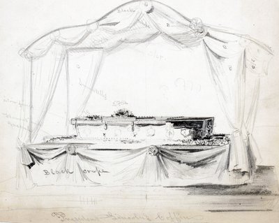 1865年4月、ワシントンDCのホワイトハウスで州に横たわるアブラハムリンカーンズコフィン大統領（鉛筆、インク、紙に洗う） 作： American School