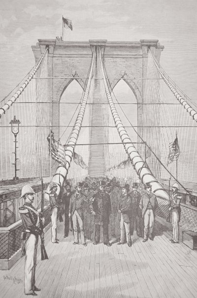 ブルックリン橋の開通式に臨むチェスター・A・アーサー大統領（1883年5月24日）（リトグラフ 作： American School