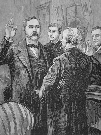 1881年9月20日、ジェームズ・ガーフィールドの死後、就任宣誓をするチェスター・A・アーサー大統領（リトグラフ版 作： American School