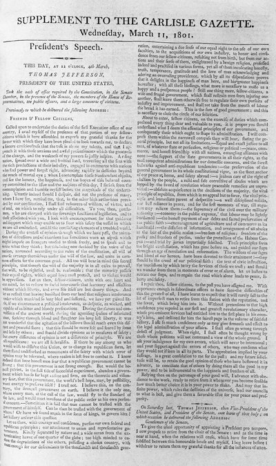 ジェファーソンズ大統領就任演説、カーライル官報補遺、1801年3月11日 作： American School
