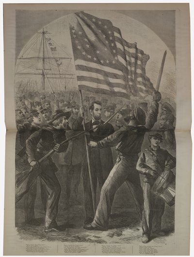 リンカーン大統領、フォートスティーブンスの戦いに関与、1864年の「ハーパーズウィークリー」のイラスト 作： American School