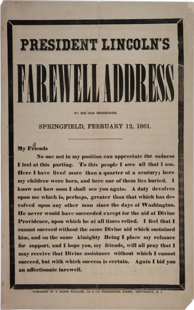 1861年2月12日、スプリングフィールドの旧隣人へのリンカーンフェアウェル大統領の挨拶 作： American School