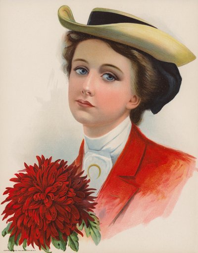 帽子をかぶり、大きな赤い菊の花を持っている若い女性（カラーリトグラフ） 作： American School