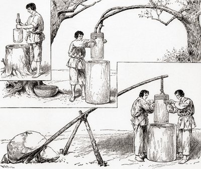 原始的なトウモロコシの挽き方（1884年発行の「The Century Illustrated Monthly Magazine」より）（木版画 作： American School