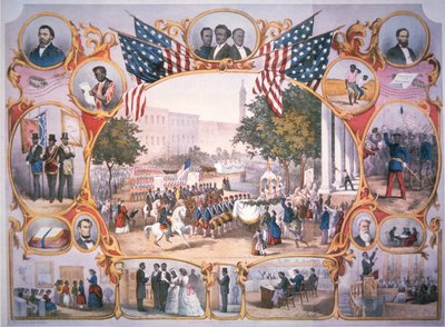 5月19日に米国の全市民に投票権を与える「修正第15条」を記念したプリント 作： American School