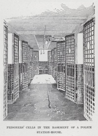 警察官舎の地下にある囚人の独房（リトグラフ 作： American School