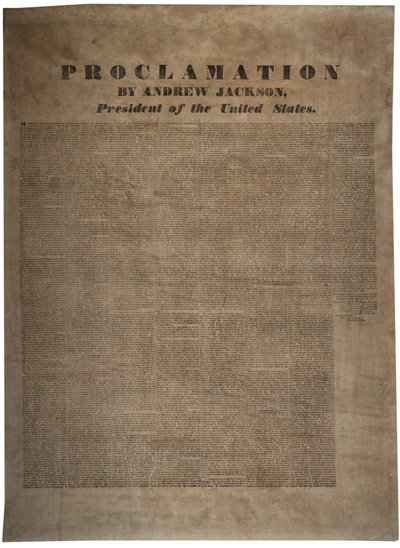 1832年12月10日、アメリカ合衆国大統領、アンドリュージャクソン（1767-1845）による宣言 作： American School