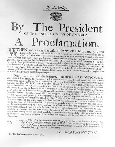 ジョージワシントン大統領（1732-99）の宣言、2月19日木曜日（1795年、公共の感謝祭と祈りの日）（新聞） 作： American School