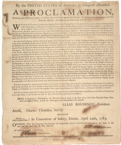 1783年4月24日、武器の停止と戦争の終結を宣言する議会の宣言 作： American School