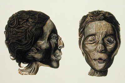 ギゼの女性ミイラの横顔と顔、サミュエル・オーガスタス・ビニオン著「Ancient Egypt」（1887年刊）の第2巻、プレートXXVII（彩色済みクロモリト）。 作： American School