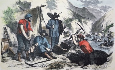 1849年のカリフォルニア・ゴールドラッシュの探鉱者たち（カラーリトグラフ 作： American School