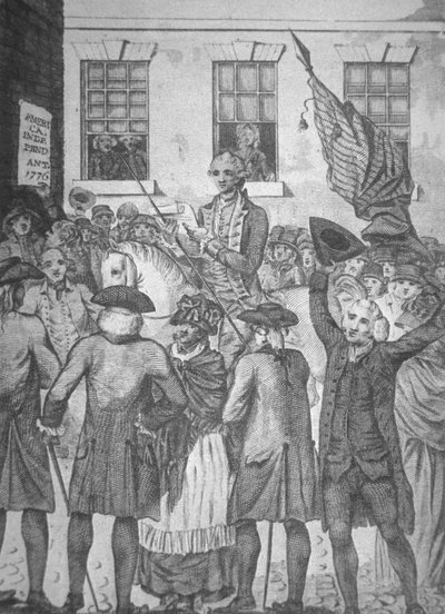 1776年、独立宣言書を読み上げる（リトグラフ 作： American School