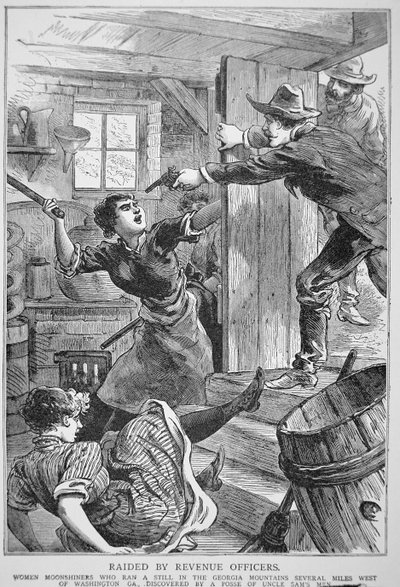 ジョージア山中の違法な酒造スチルを国税局員が急襲 「Police Gazette」より 作： American School
