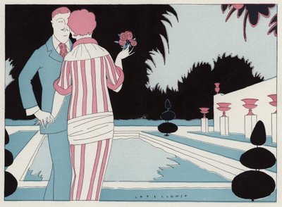 プールサイドで手を取り合うロマンチックなカップル。J・A・ウォルドロンの短編小説『Prospective Honeymooners』（カラーリトグラフ）の一場面。 作： アメリカの学校