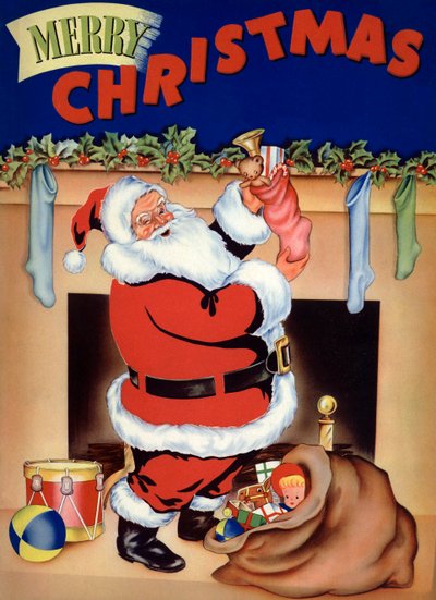 クリスマス・イブ、サンタがストッキングにおもちゃを詰める 作： アメリカの学校