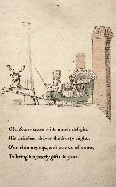 1821年に出版されたThe Childrens FriendからのそりとトナカイのSanteclaus 作： American School