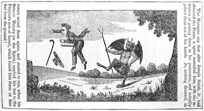 1842年に反モルモン暦の裏ページからジョセフ・スミス（1805-44）を蹴ったサタン 作： American School