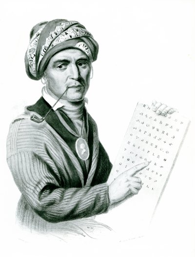 Se Quo Yah（Sequoyah）、インディアンアルファベットの発明者、1836（b：w写真） 作： American School