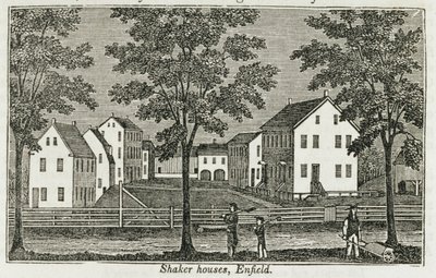 1856年のジョンワーナーバーバーによる「コネチカット歴史コレクション」のエンフィールドのシェーカー家 作： American School