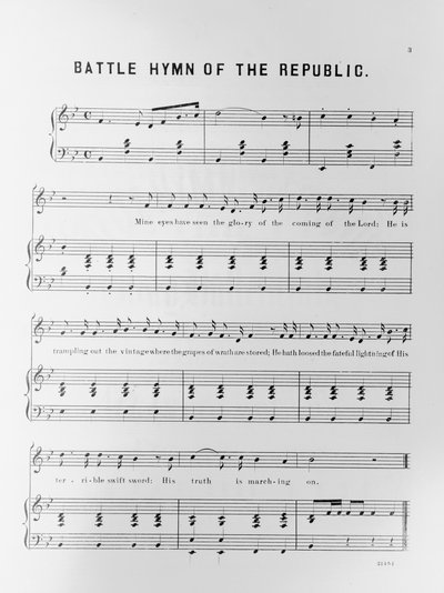 Julia Ward Howe（1819-1910）1862によって書かれた共和国の戦いの賛美歌の楽譜 作： American School