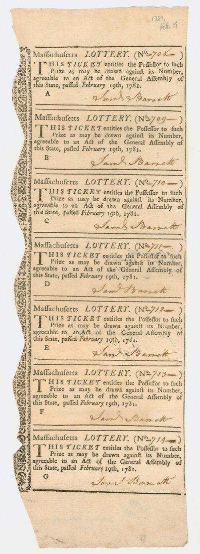 宝くじのシート、マサチューセッツの宝くじ、1781 作： American School