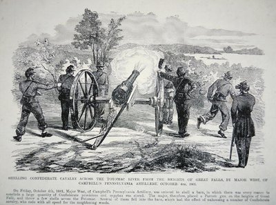 「グレートフォールズの高さからポトマック川を渡って南軍の騎兵隊を砲撃する...」、1861年10月4日（リソ） 作： American School