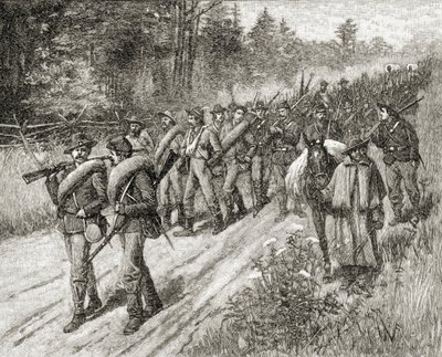1885年にASバーンズウント社が発行した「米国の簡単な歴史」からの1865年の海への行進中のシャーマン軍 作： American School