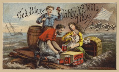 嵐の中のいかだでコンビーフを食べている難破船の生存者 作： American School