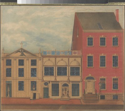 ニューヨーク市のフルトンストリートにあるダンカンファイフの店と倉庫、c.1817-1820（白い紙に水彩、インク、ガッシュ） 作： American School