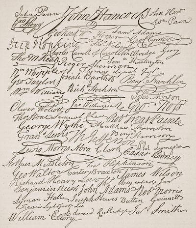 独立宣言への署名、1776年、イングランドのカッセルズイラストレイテッドヒストリーからのイラスト（セピア写真） 作： American School