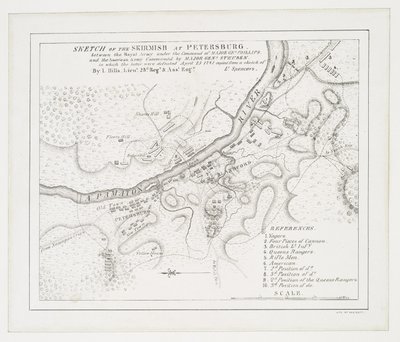 1781年4月25日、フィリップス少佐指揮のイギリス軍とスチューベン少佐指揮のアメリカ軍との間で行われたピーターズバーグでの小競り合いのスケッチ。フィリップス少佐指揮の英国軍とスチューベン少佐指揮のアメリカ軍との間の小競り合いで、後者は敗北した（1781年4月25日 作： American School