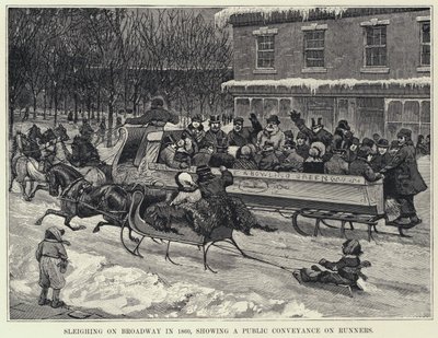 1860年のブロードウェイでのそり遊び、ランナーに乗った公共の乗り物を示す（リトグラフ 作： American School