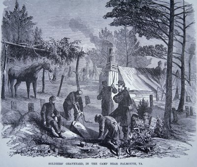 バージニア州ファルマス近くのキャンプにある兵士の墓地 (litho) 作： American School