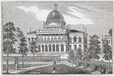 1839年にSEブラウンによって彫刻されたジョンワーナーバーバーによる「マサチューセッツの歴史的コレクション」からのビーコンストリートにあるボストンの州議会議事堂の南側ビュー 作： American School