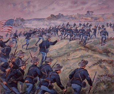 米西戦争1898年、キューバのサンファン・ハイツを襲撃するアメリカ軍（カラーリトグラフ 作： American School