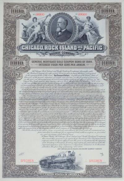 シカゴ、ロックアイランドアンドパシフィックレイルウェイカンパニー、1898年の1000ドルの標本債券 作： American School
