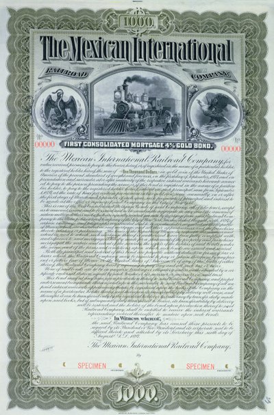 メキシコ国際鉄道会社のための1000ドルの標本債券証明書、1897年 作： American School