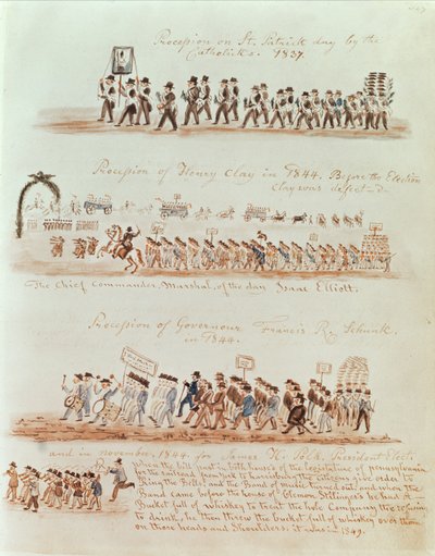 1837年の聖パトリックの日の行列、1844年のヘンリークレイ、フランシスシャンク知事、ジェームズポークの行列（紙にインクとトイレ） 作： American School