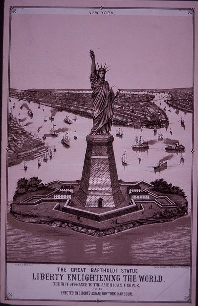 自由の女神は「ベドロー島に建てる」1885年の版画（エングレービング 作： American School