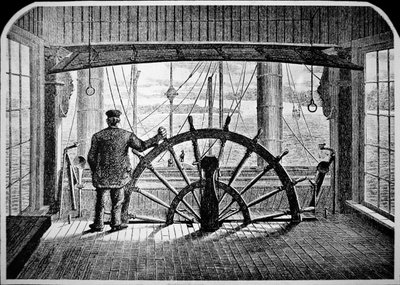 操舵室にいる蒸気船の水先案内人、1870年頃（エングレービング 作： American School