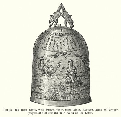 キオトの寺の鐘、龍弓、銘文、天女と蓮華の上の涅槃仏の表現(彫金) 作： American School