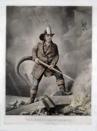 The American Fireman, Facing the Enemy, pub.1858年（手彩色リトグラフ）。 作： American School