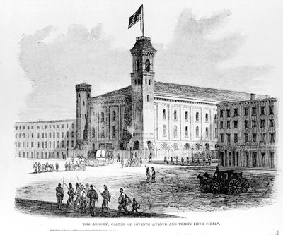 1863年にニューヨーク市で起こった暴動のドラフトからのシーン、セブンスアベニューのコーナーと35番街の武器庫 作： American School
