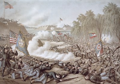 1862年10月3日から4日にかけてのコリントの戦い、南北の旗が描かれている、Kurz & Allisonの作品（カラーリトグラフ）。 作： American School