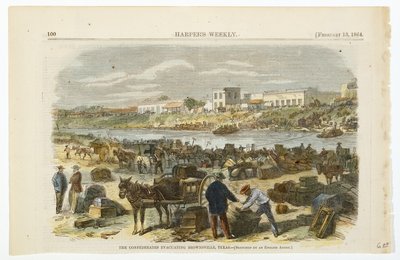 The Confederates Evacuating Brownsville, Texas, c. 1864 (手彩色リトグラフ、ウッドパルプ紙) 作： American School